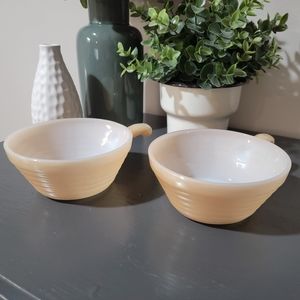 Two (2) Vintage Fire King Oven Ware Peach Lustre Soup Bowls w/handle